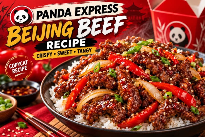 Panda Express Beijing Beef copycat recipe — crispy glazed beef with red peppers and onions over white rice