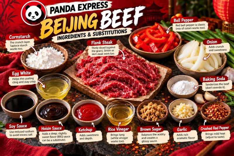 Panda Express Beijing Beef ingredients and substitutions — flank steak, cornstarch, egg white, bell pepper, onion, soy sauce, hoisin, and sauce staples
