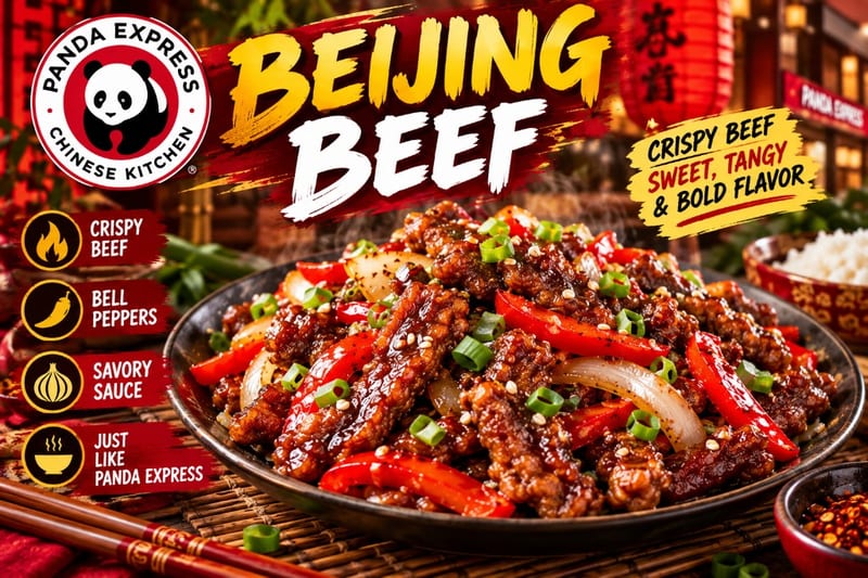 Panda Express Beijing Beef copycat recipe card — crispy glazed beef with bell peppers, onions, and sweet tangy sauce