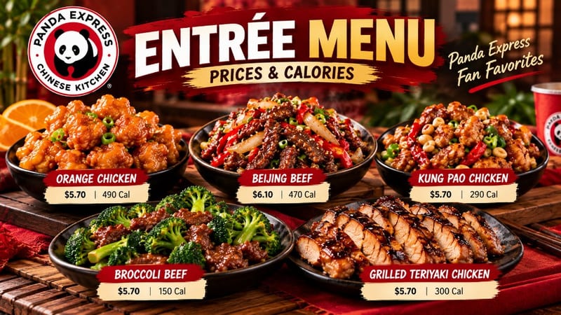 Panda Express entree menu with prices and calories — Orange Chicken, Beijing Beef, Kung Pao Chicken, Broccoli Beef, and Grilled Teriyaki Chicken