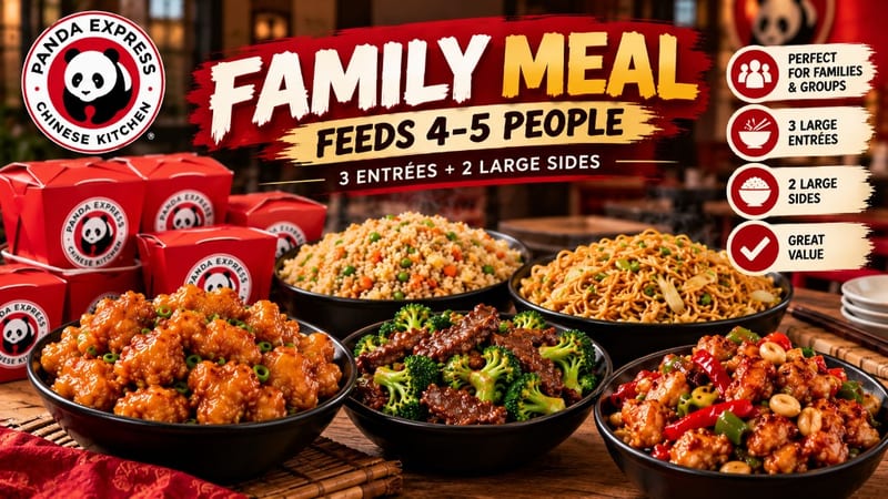 Panda Express Family Meal deal — 3 large entrees including Orange Chicken and Broccoli Beef plus 2 large sides, feeds 4–5 people