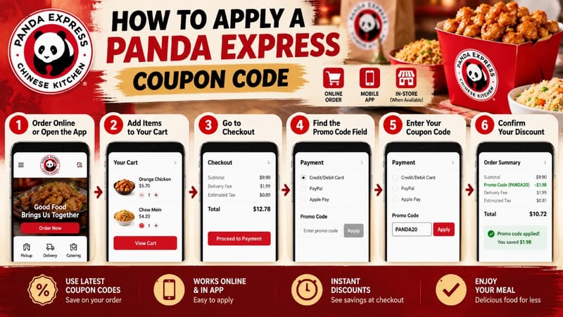 How to apply a Panda Express coupon code online or in the app — add items, enter promo code at checkout, and confirm your discount