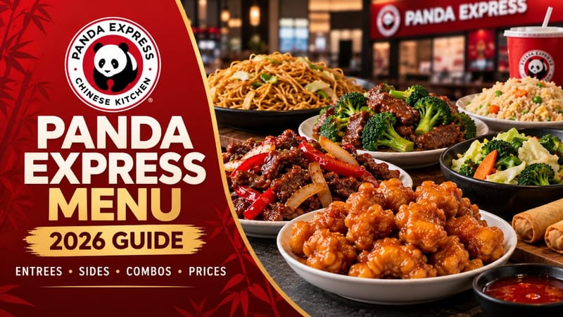 Panda Express menu with prices 2026 guide — Orange Chicken, Beijing Beef, Chow Mein, Fried Rice, entrees, combos, and calories